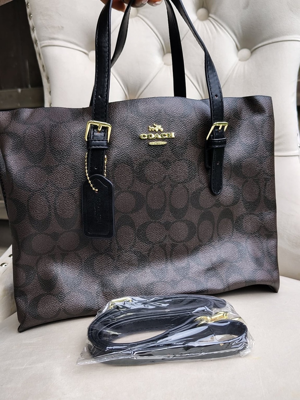 Coach Brown Signature Tote with Black Trim and Gold Hardware